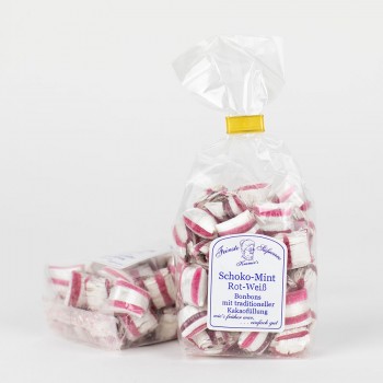 Schoko-Mint-Kissen mit Kakaofüllung, traditionell rot weiß gestreift